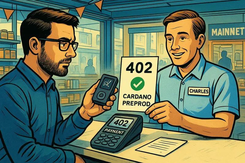 A bearded customer holds a device while a clerk displays a “402 Cardano Preprod” sign beside a payment terminal.