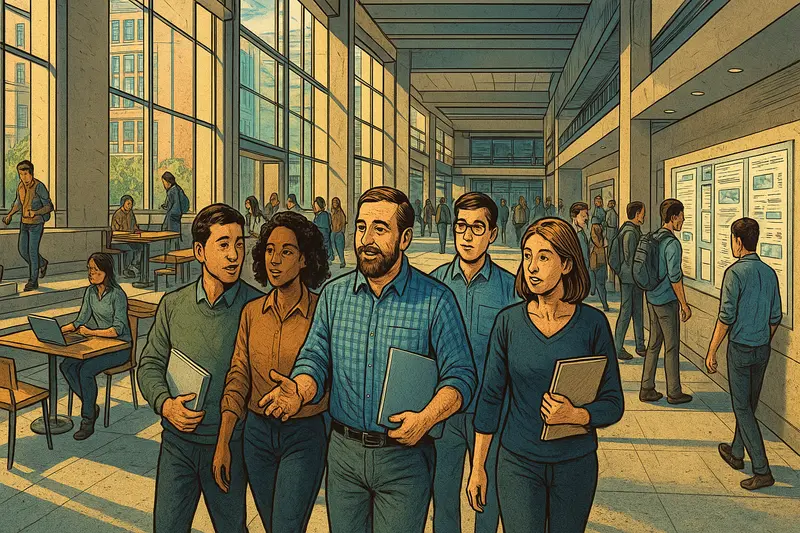 A group of adults carrying folders walks through a bright, busy building atrium filled with people, tables and display