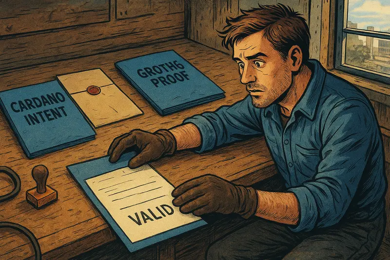 A gloved man examines a document marked “VALID” beside folders labeled “CARDANO INTENT” and “GROTH16 PROOF.