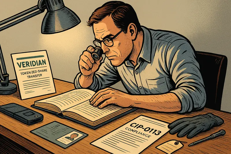 A man examines an open ledger with a magnifying glass beside documents labeled “VERIDIAN” and “CIP-013 Compliance.
