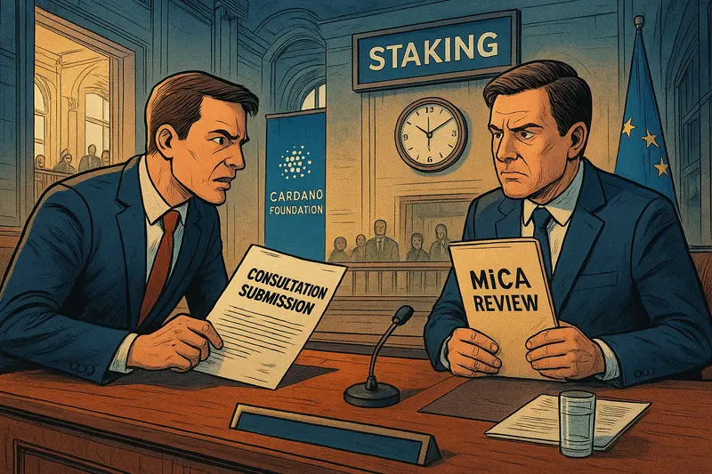 Two suited men sit at a hearing desk, holding “Consultation Submission” and “MiCA Review” documents beneath a “STAKING” sign.