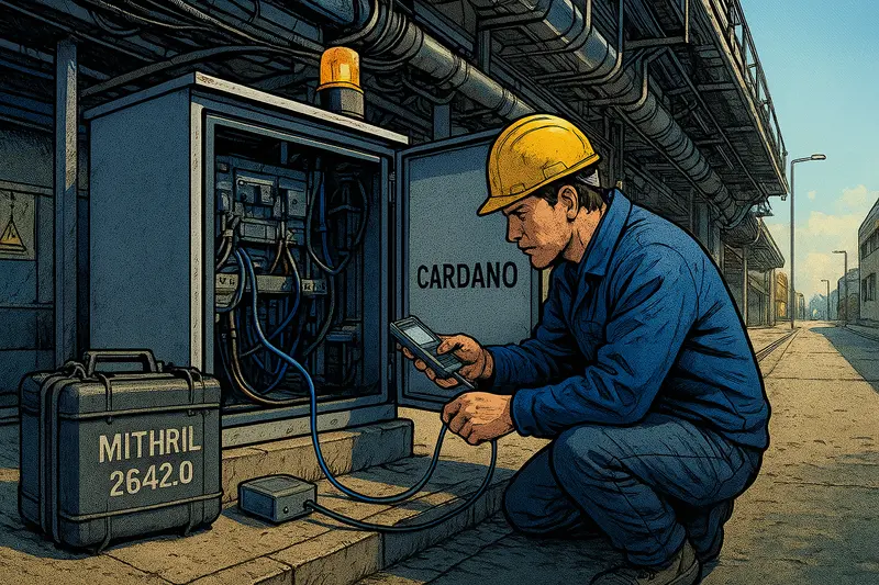 A worker in a yellow hard hat tests an electrical cabinet labeled CARDANO beside a case marked MITHRIL 2642.0.