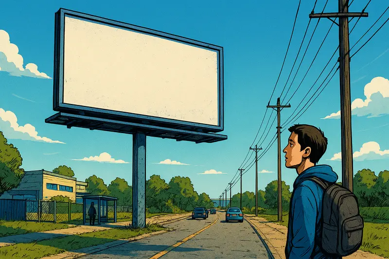 A young man with a backpack stands beside a road beneath a blank billboard and utility poles.