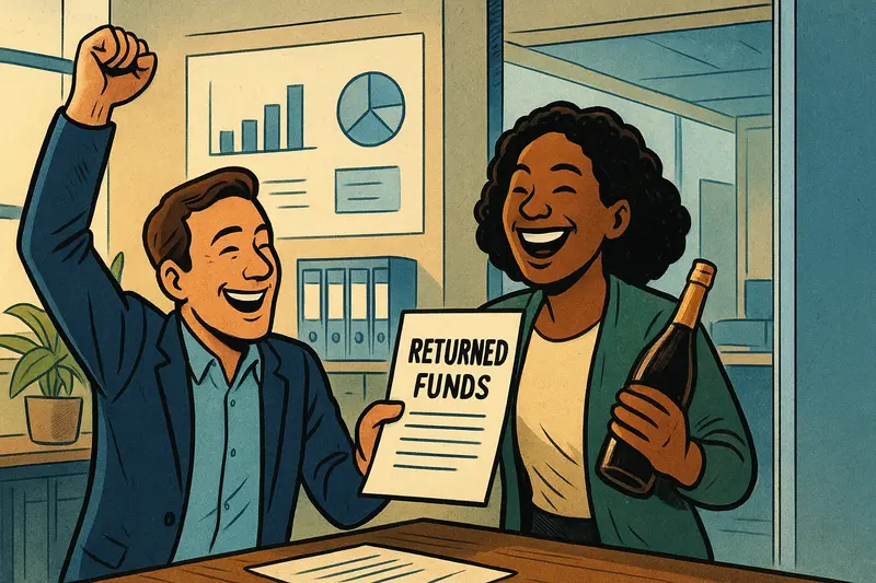 Two smiling coworkers celebrate as one raises a fist and the other holds a bottle beside a “Returned Funds” document.