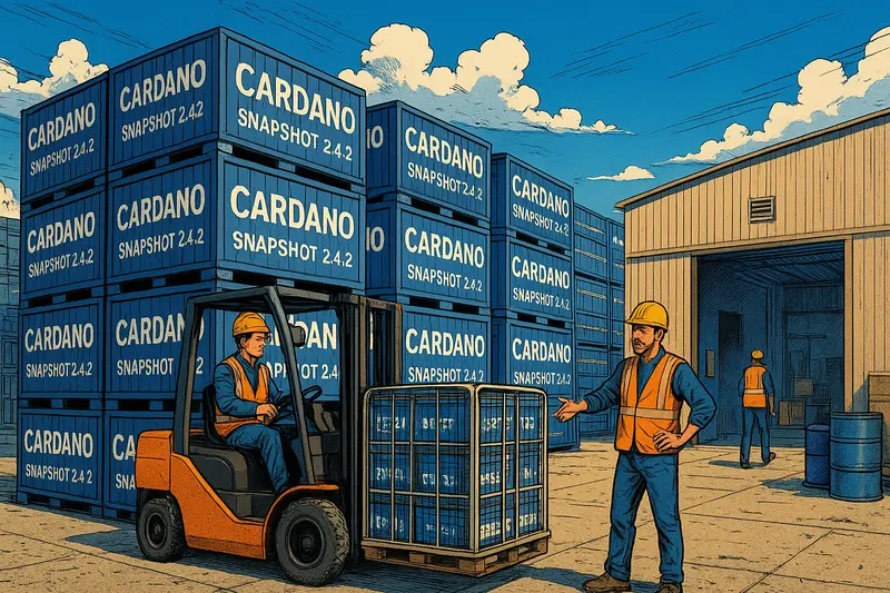 A forklift and pallet sit among stacked Cardano containers, while two workers stand outside a warehouse.