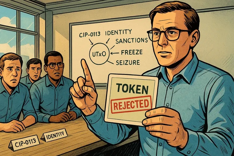 A man holds a “TOKEN REJECTED” sign while pointing at a board listing identity sanctions, freeze and seizure.