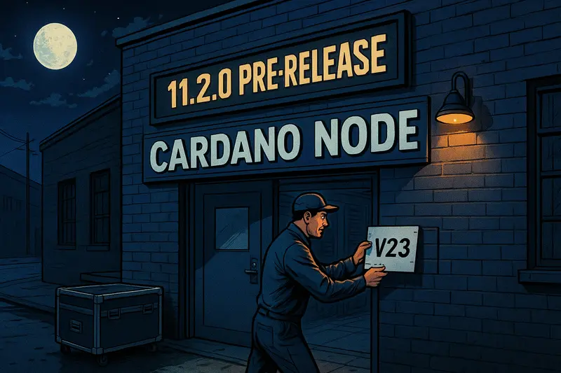 A man holds a V23 sign outside a building labeled “Cardano Node” and “11.2.0 Pre-Release” at night.