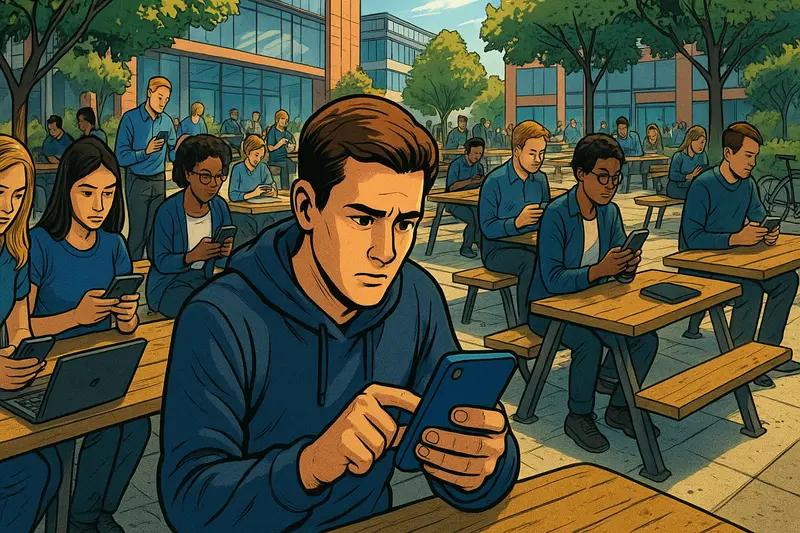 Students sit at outdoor picnic tables, many using smartphones, while a young man in front focuses on his phone.